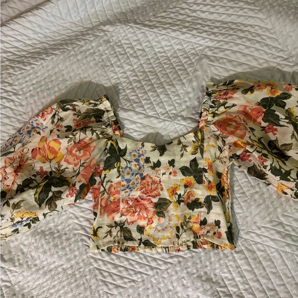 Faithfull the Brand Cream and Pink Floral Crop Blouse with Puffed Sleeves